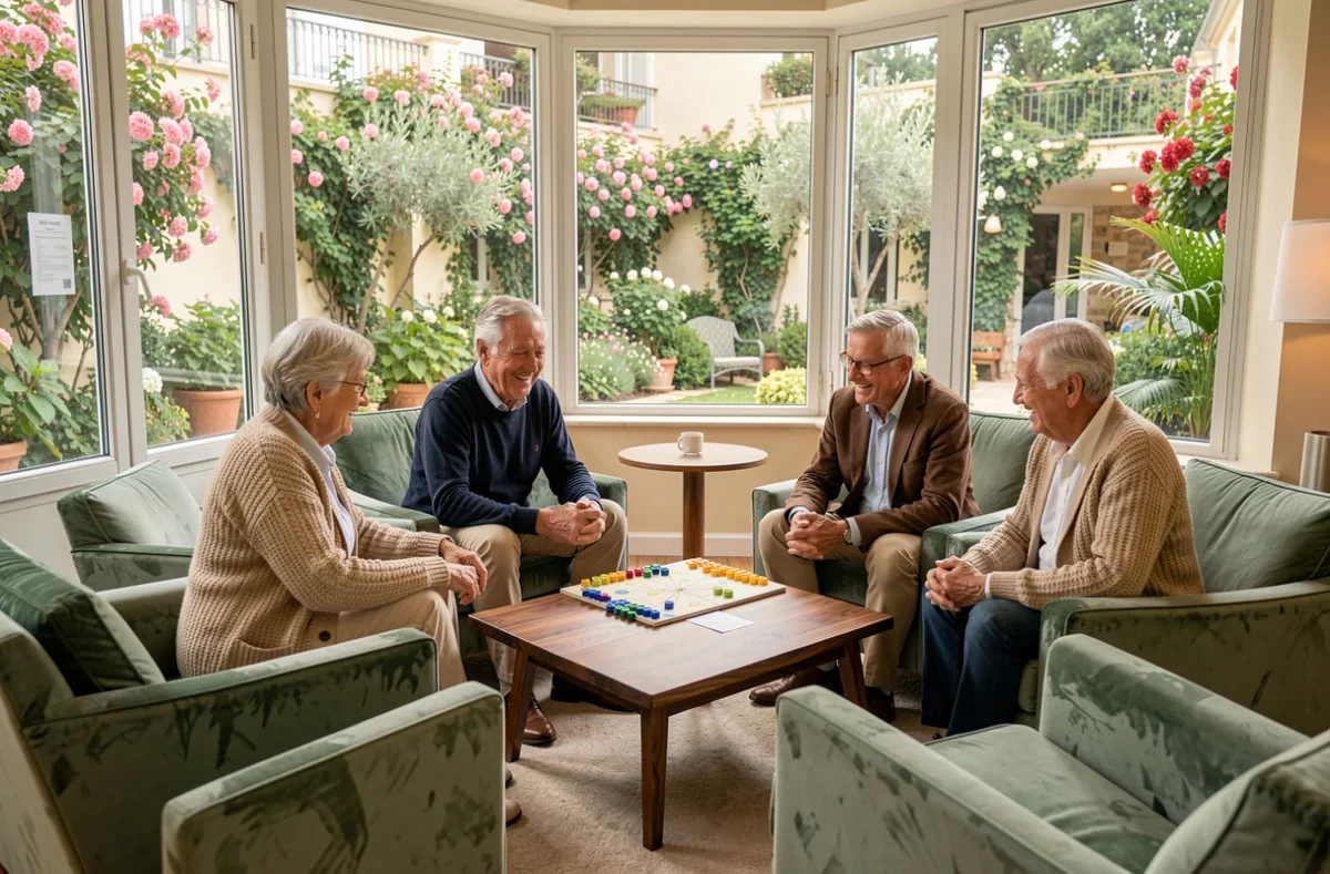 Salon commun des Jardins d'Arcadie de Cannes-la-Bocca avec résidents jouant à des jeux