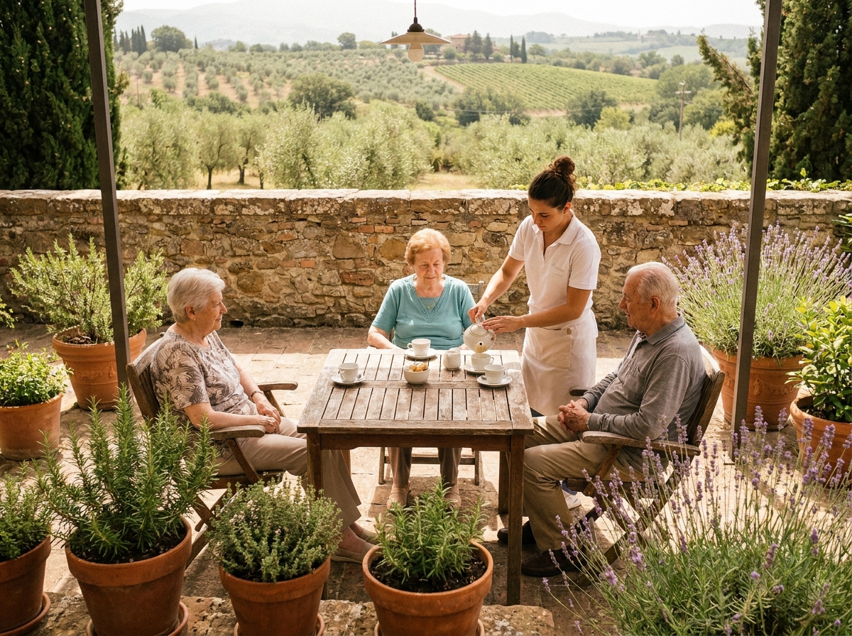 Des résidents de l'EHPAD Les Jardins de Grasse profitent d'un moment convivial en terrasse avec vue sur les collines provençales.