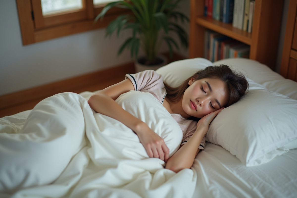 Jeune femme dormant paisiblement dans son lit en pyjamas coton