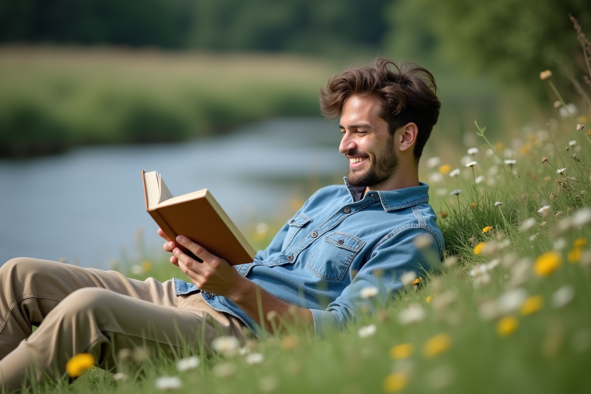 Jeune homme lisant au bord de la rivière en plein air