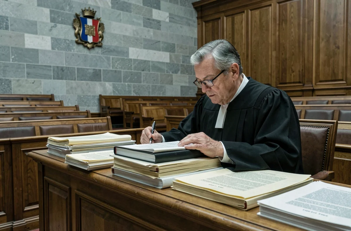 Juge des contentieux examinant un dossier d'habilitation familiale dans une salle d'audience française