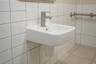 Lave main PMR à hauteur accessible avec mitigeur automatique à infrarouge en inox brossé, monté sur carrelage blanc dans une salle de bain adaptée aux personnes à mobilité réduite