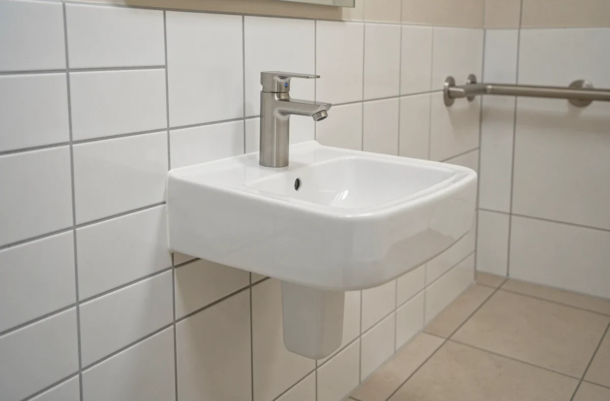 Lave main PMR à hauteur accessible avec mitigeur automatique à infrarouge en inox brossé, monté sur carrelage blanc dans une salle de bain adaptée aux personnes à mobilité réduite