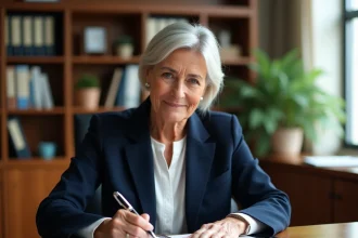 Femme cadre en fin de carrière rédigeant sa lettre de démission pour départ à la retraite dans un bureau professionnel