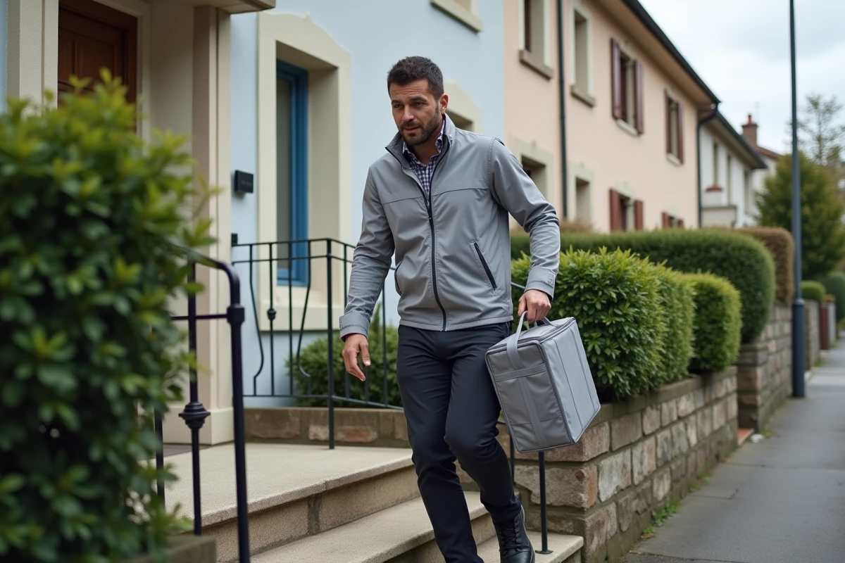 Livreur de repas à domicile montant les marches d'une maison pavillonnaire avec sac isotherme