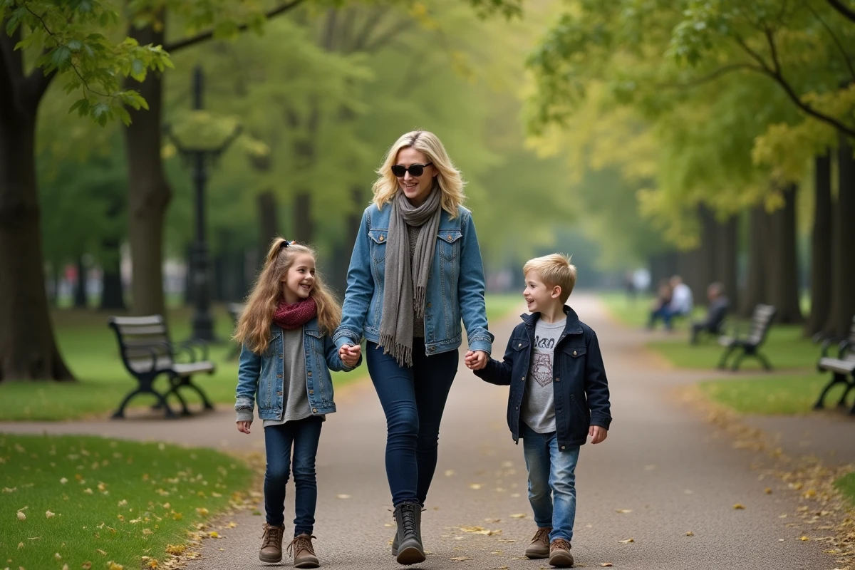 Madonna marche dans un parc avec ses enfants en plein air