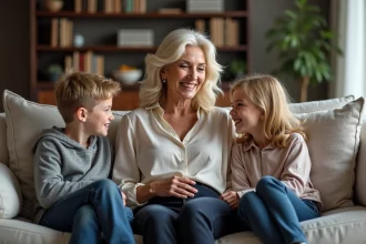 Madonna avec ses enfants dans un salon moderne et lumineux