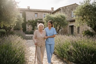 Une résidente âgée se promène dans le jardin d'une maison de retraite à Grasse, accompagnée d'une aide-soignante, avec une architecture provençale en arrière-plan.