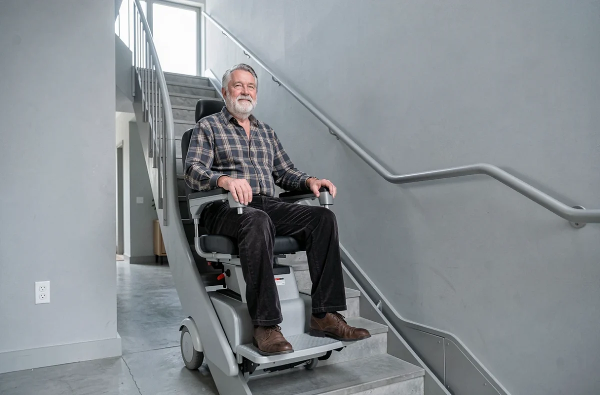 Homme âgé assis sur un monte escalier motorisé dans un appartement moderne avec escalier courbe