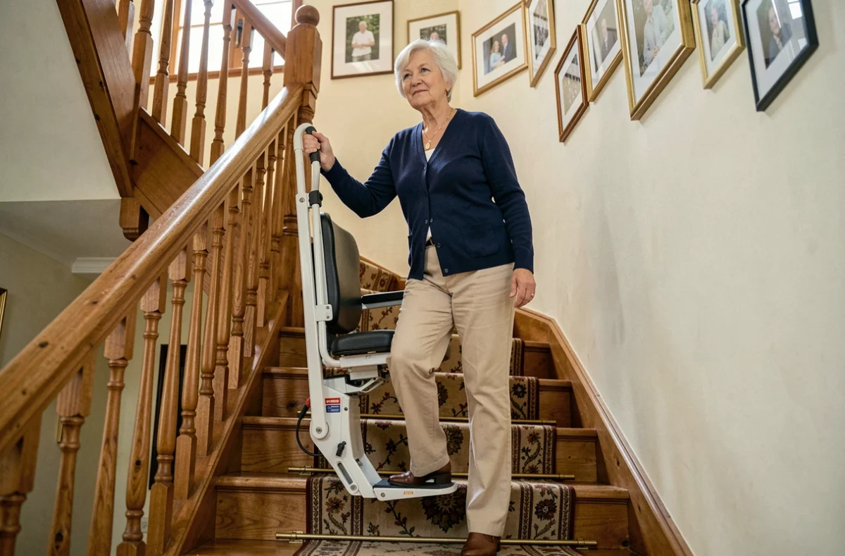 Femme senior utilisant un monte escalier sans travaux installé sur un escalier droit en bois dans une maison traditionnelle