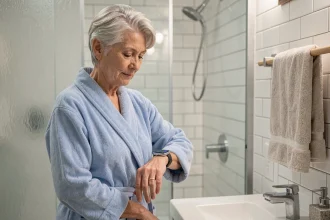 Femme âgée portant une montre détecteur de chute étanche dans une salle de bain moderne