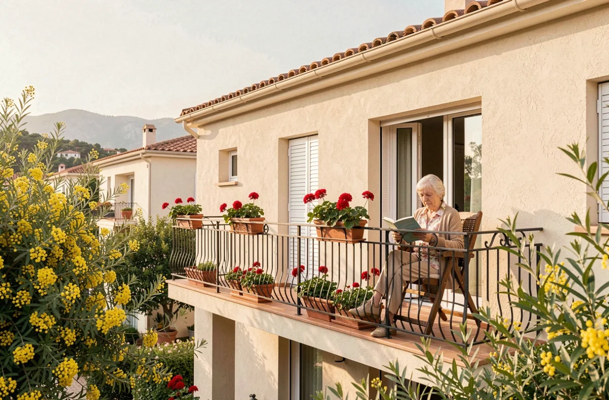 Façade de la résidence Nohée Pégomas avec résidente sur son balcon