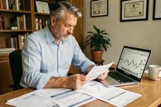Homme d'âge mûr analysant ses documents de retraite et heures supplémentaires dans un bureau à domicile