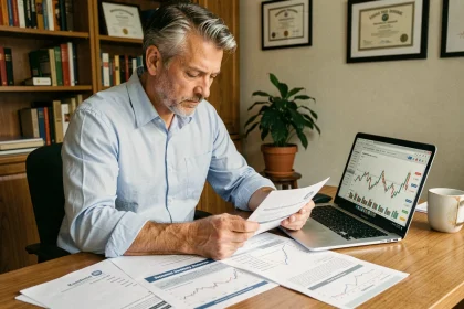 Homme d'âge mûr analysant ses documents de retraite et heures supplémentaires dans un bureau à domicile