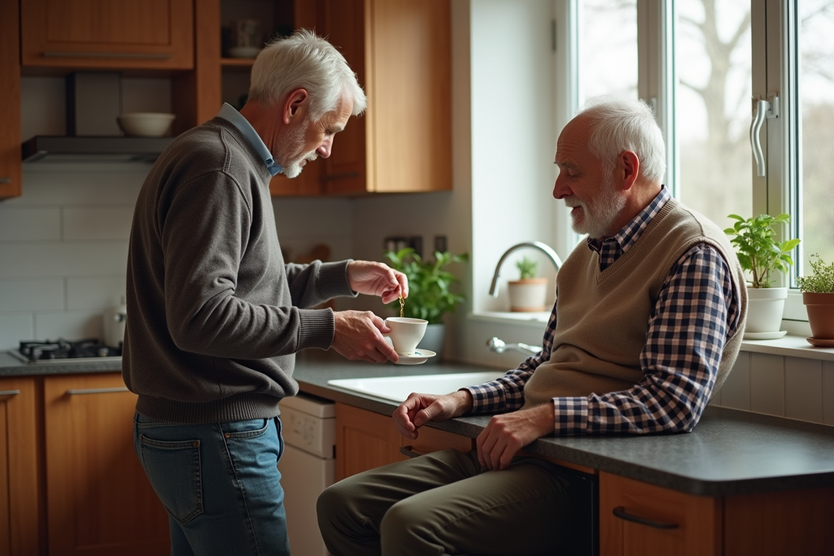 Fils servant du thé à son père âgé dans une cuisine lumineuse