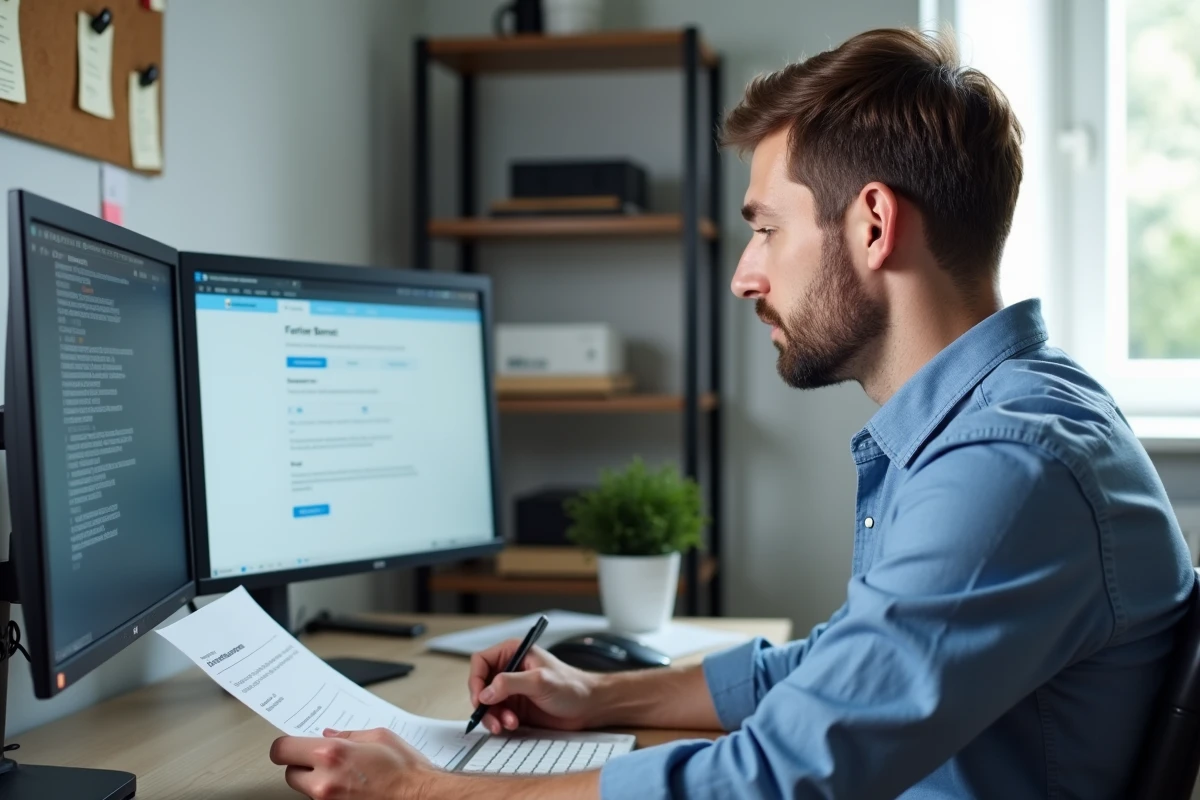 Parent consultant l'interface Scolinfo pour gérer les chèques vacances de sa famille depuis son bureau à domicile
