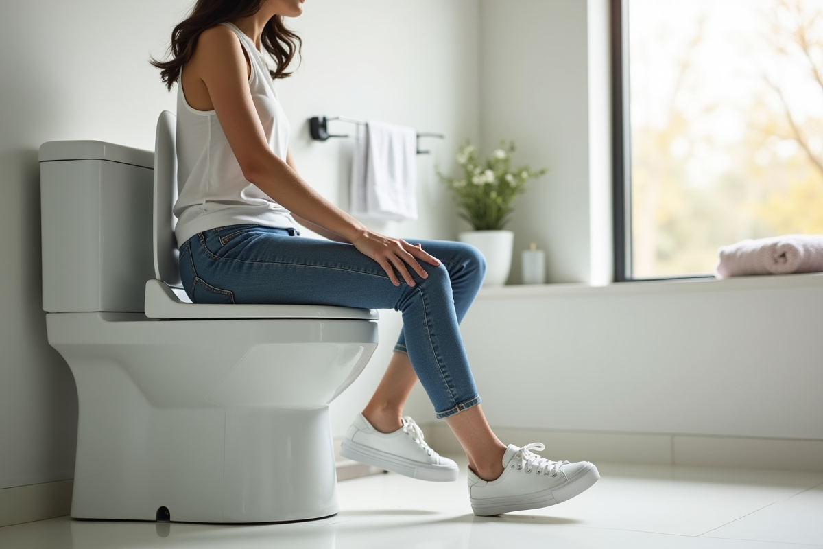 Personne assise confortablement sur un toilette surélevé dans une salle lumineuse