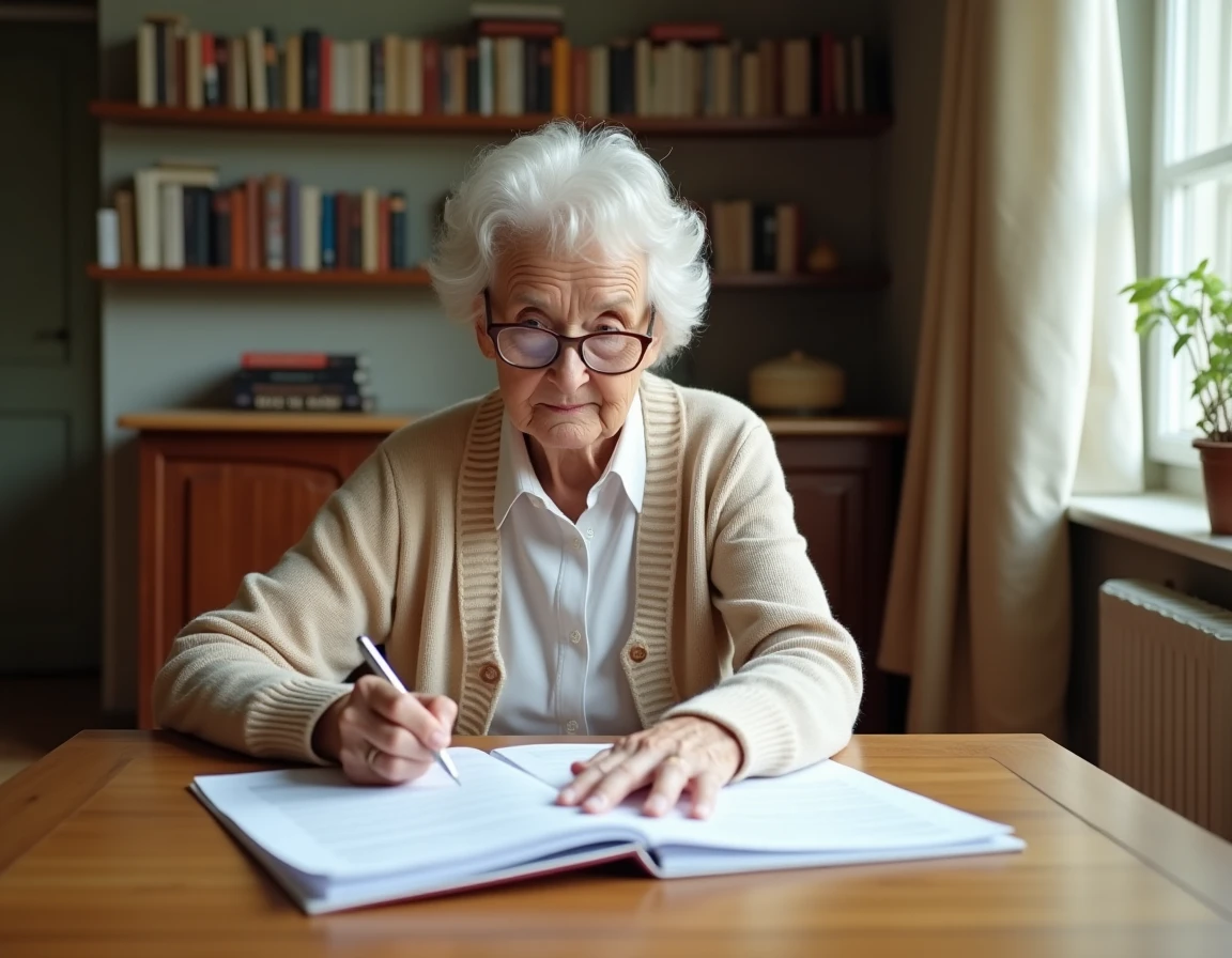 Une femme âgée examine attentivement un contrat EHPAD à table dans son salon, stylo en main
