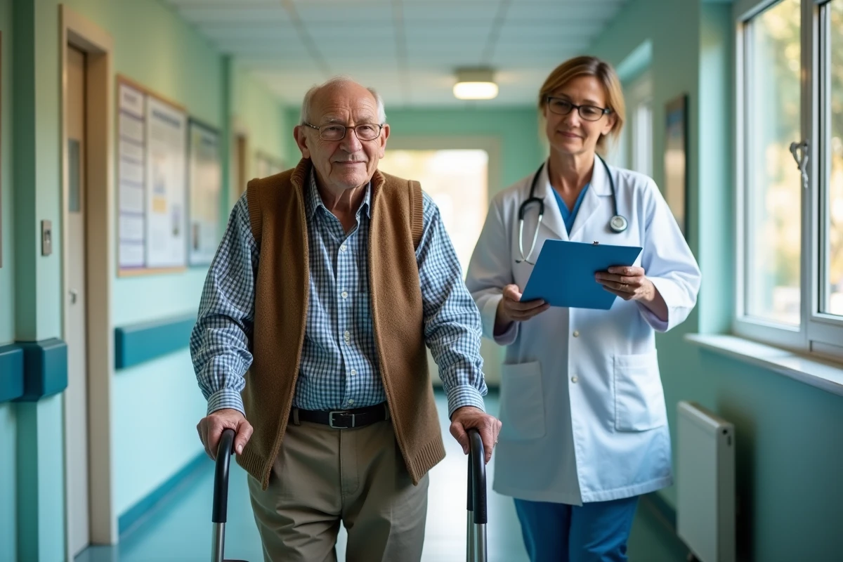 Senior utilisant un déambulateur dans un couloir médical
