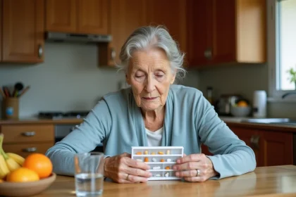 Femme âgée examinant un pilulier hebdomadaire dans sa cuisine, avec des fruits riches en potassium visibles en arrière-plan