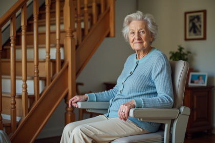 Femme agee dans un escalier avec monte-personne