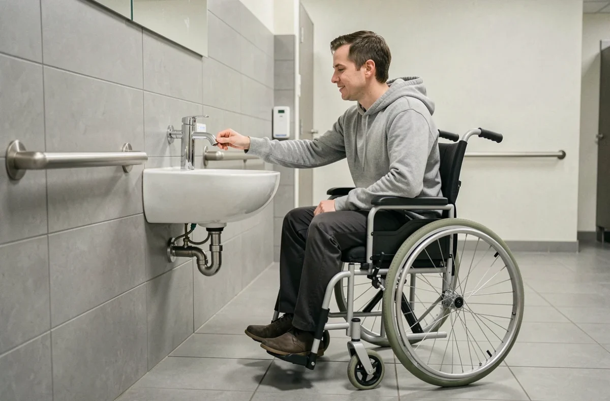 Personne en fauteuil roulant utilisant un lave main PMR équipé d'un mitigeur automatique à capteur dans des sanitaires accessibles aux personnes handicapées