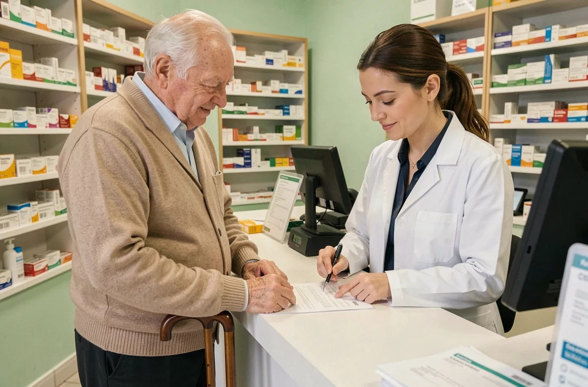 Pharmacien aidant un senior à comprendre une ordonnance pour le remboursement d'une chaise de douche médicale