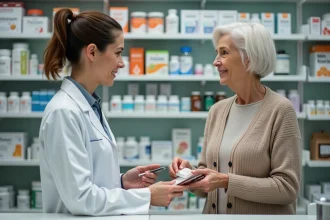 Pharmacienne expliquant les contre-indications de Bion 3 Senior à une femme âgée au comptoir d'une pharmacie