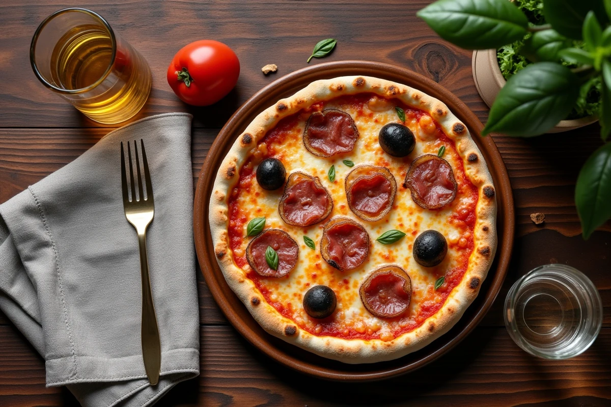 Vue aérienne d'une pizza taille senior sur assiette avec une portion adaptée pour un dîner léger en semaine