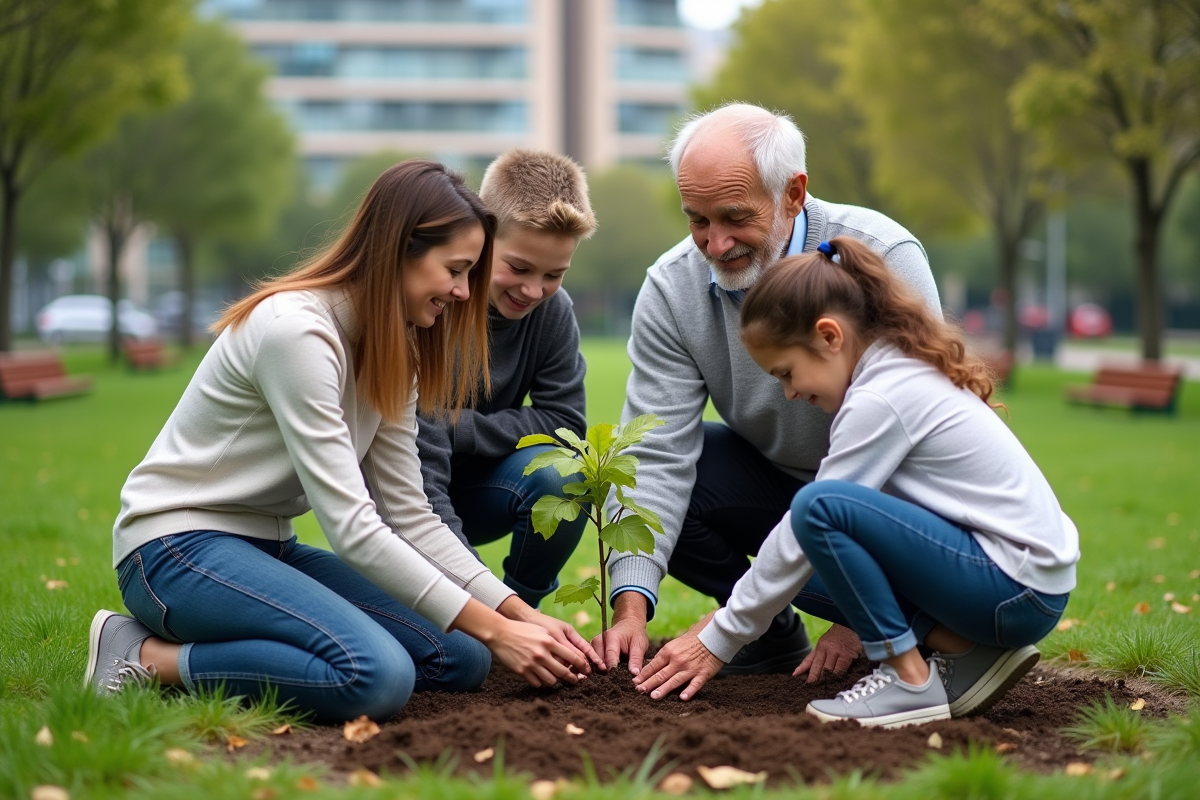 Groupe multigenerations plante jeune arbre dans parc urbain
