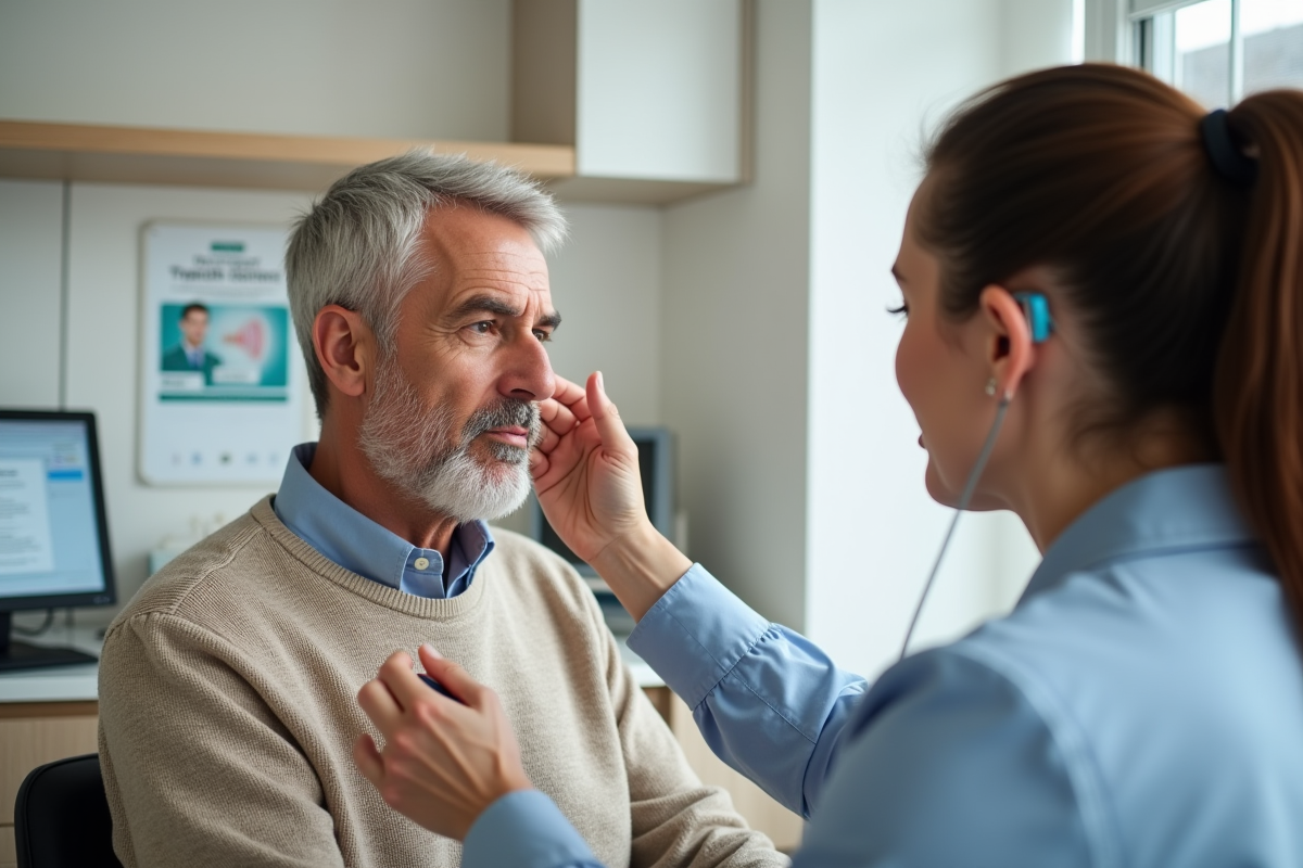 Homme d age en consultation audiologique dans un cabinet moderne