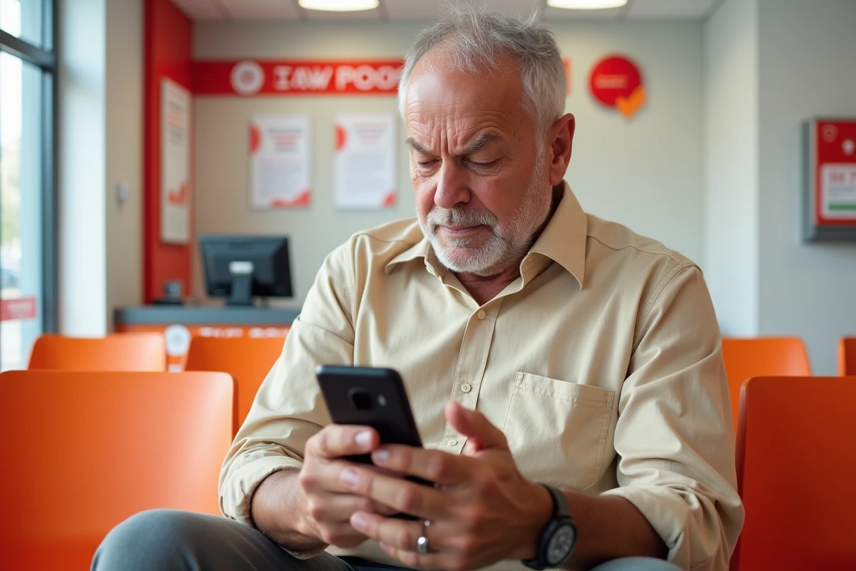 Homme consultant son smartphone face à un problème de connexion au portail La Poste dans une agence postale
