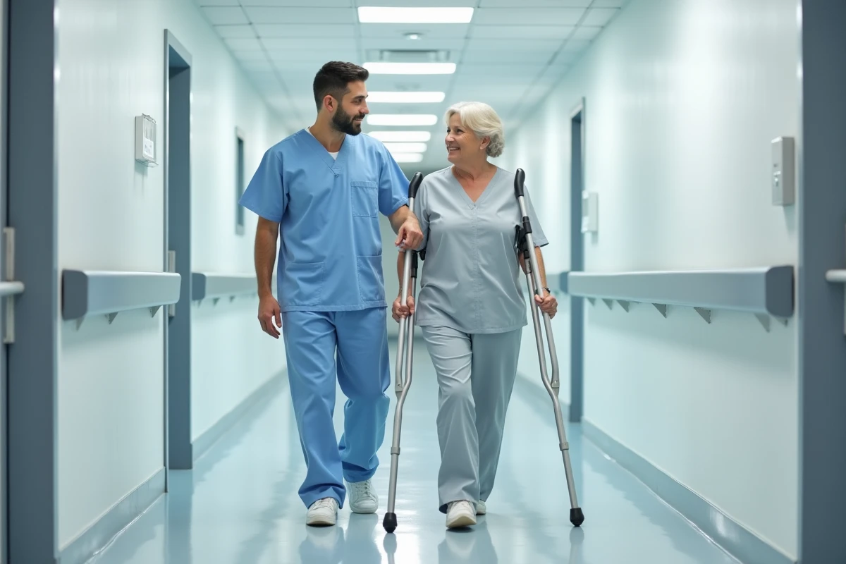 Professionnel de santé accompagnant une femme en situation de handicap lors d'une séance de rééducation dans un centre de réadaptation moderne