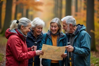Groupe de randonneurs seniors célibataires riant ensemble sur un sentier forestier en automne avec cartes et bâtons de marche