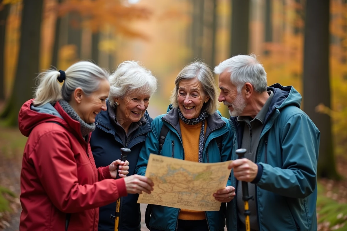 Groupe de randonneurs seniors célibataires riant ensemble sur un sentier forestier en automne avec cartes et bâtons de marche