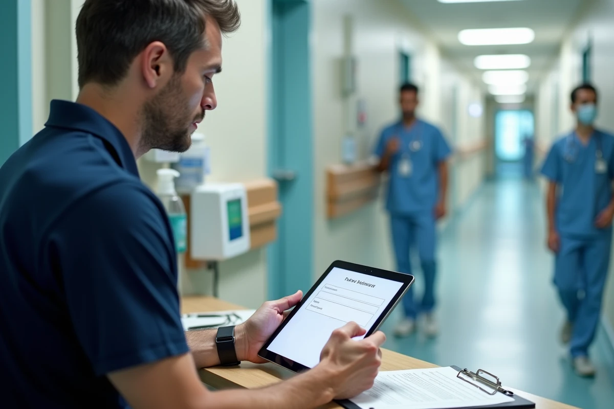 Professionnel de santé réinitialisant son mot de passe NETSoins sur une tablette depuis un poste de soins infirmiers