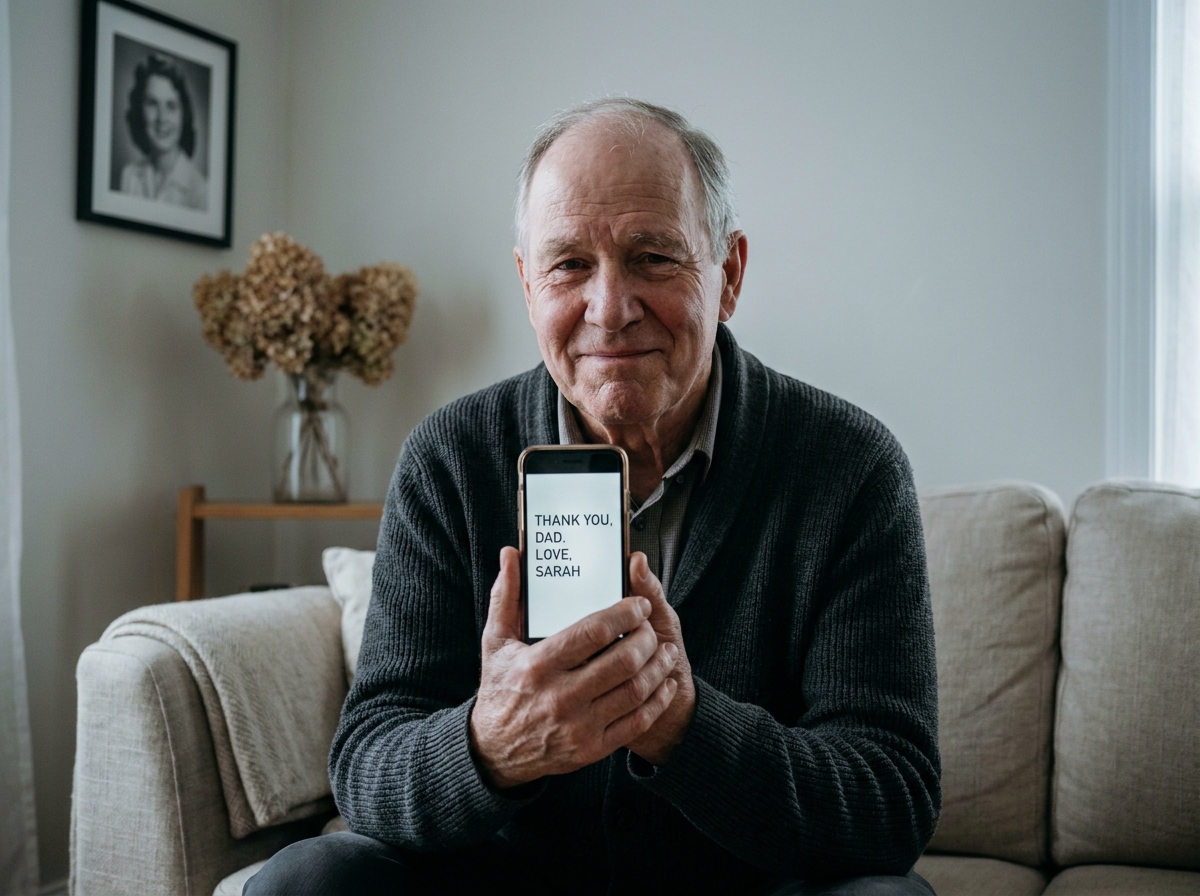 Homme âgé lisant un message de remerciement dématérialisé après un deuil sur son smartphone dans un salon discret