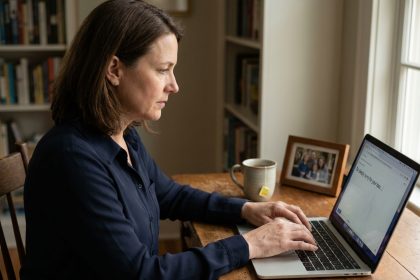 Femme endeuillée rédigeant un message de remerciement numérique après un décès sur son ordinateur portable à domicile