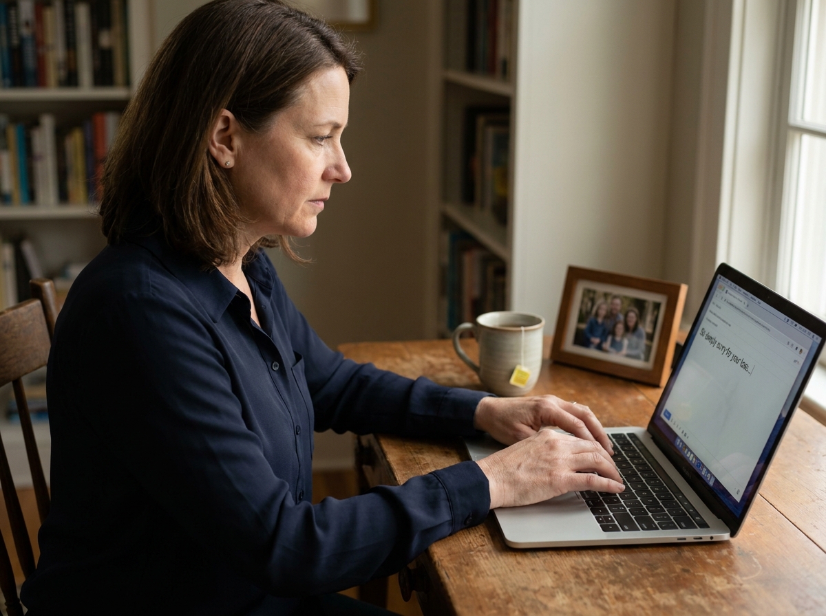 Femme endeuillée rédigeant un message de remerciement numérique après un décès sur son ordinateur portable à domicile