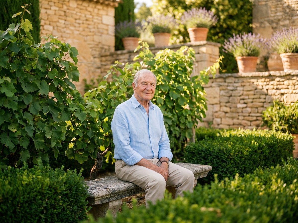 Un résident âgé se repose dans le jardin verdoyant de la Résidence Le Clos des Vignes à Grasse, entouré de vignes et de pierres provençales.