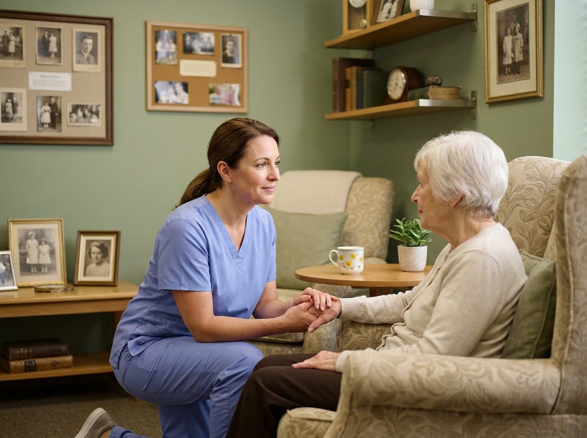 Une soignante accompagne avec douceur une résidente dans la salle de thérapie spécialisée Alzheimer de la Résidence Sophie à Grasse.