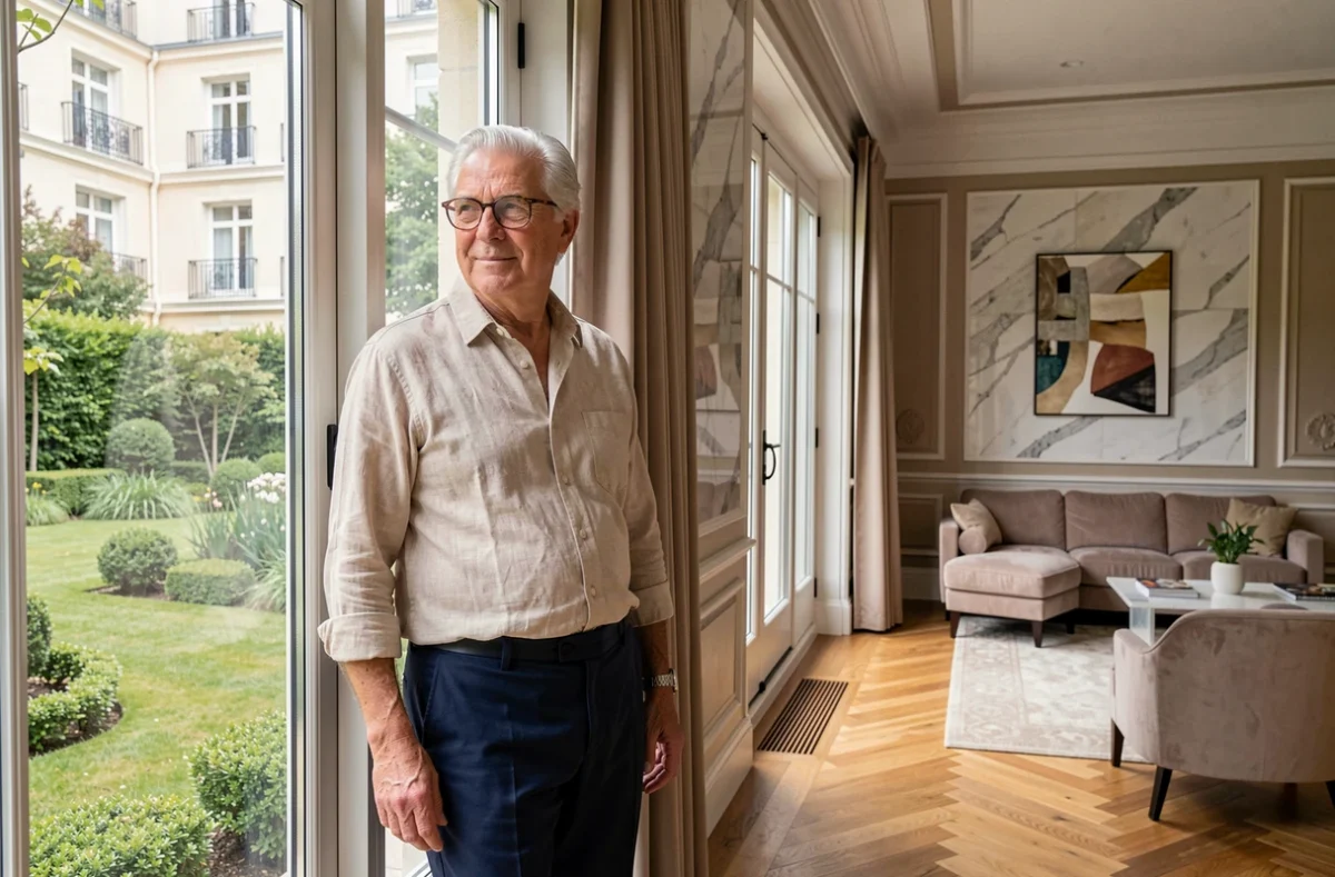 Un résident admirant le jardin depuis une fenêtre de la Résidence Villa Médicis à Puteaux