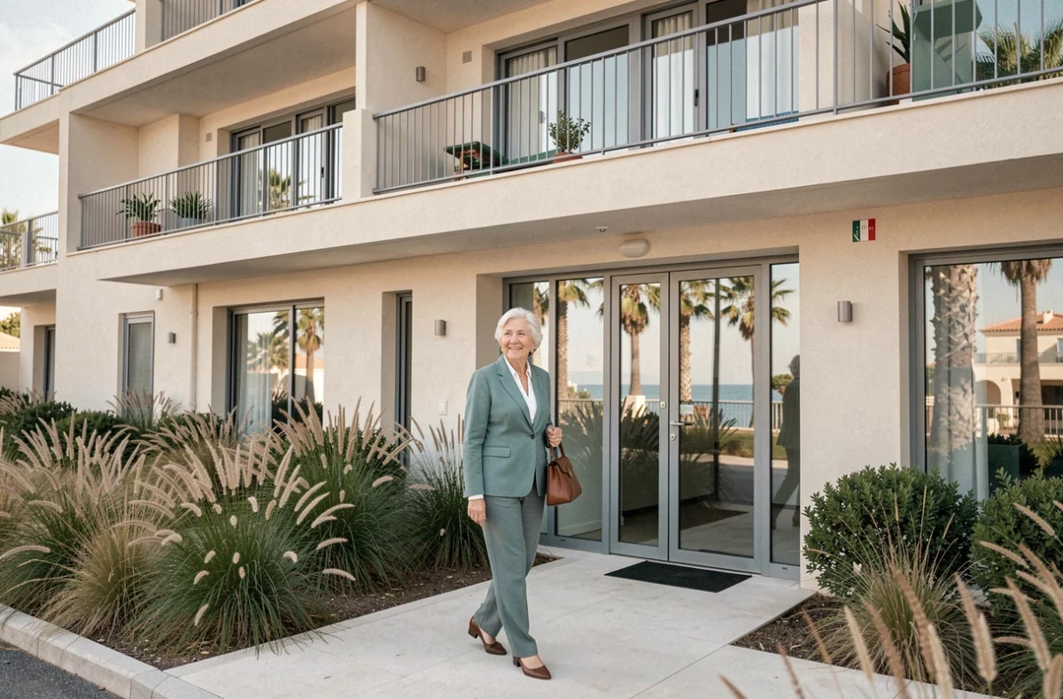 Façade moderne des Résidences STELLA à Villeneuve-Loubet avec résidente à l'entrée