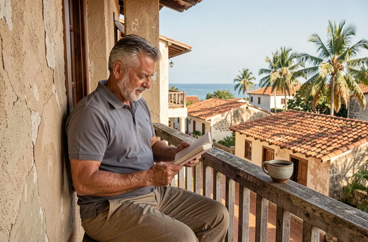 Retraité expatrié lisant sur son balcon avec vue sur la mer dans une ville côtière d'Amérique latine à faible coût de vie