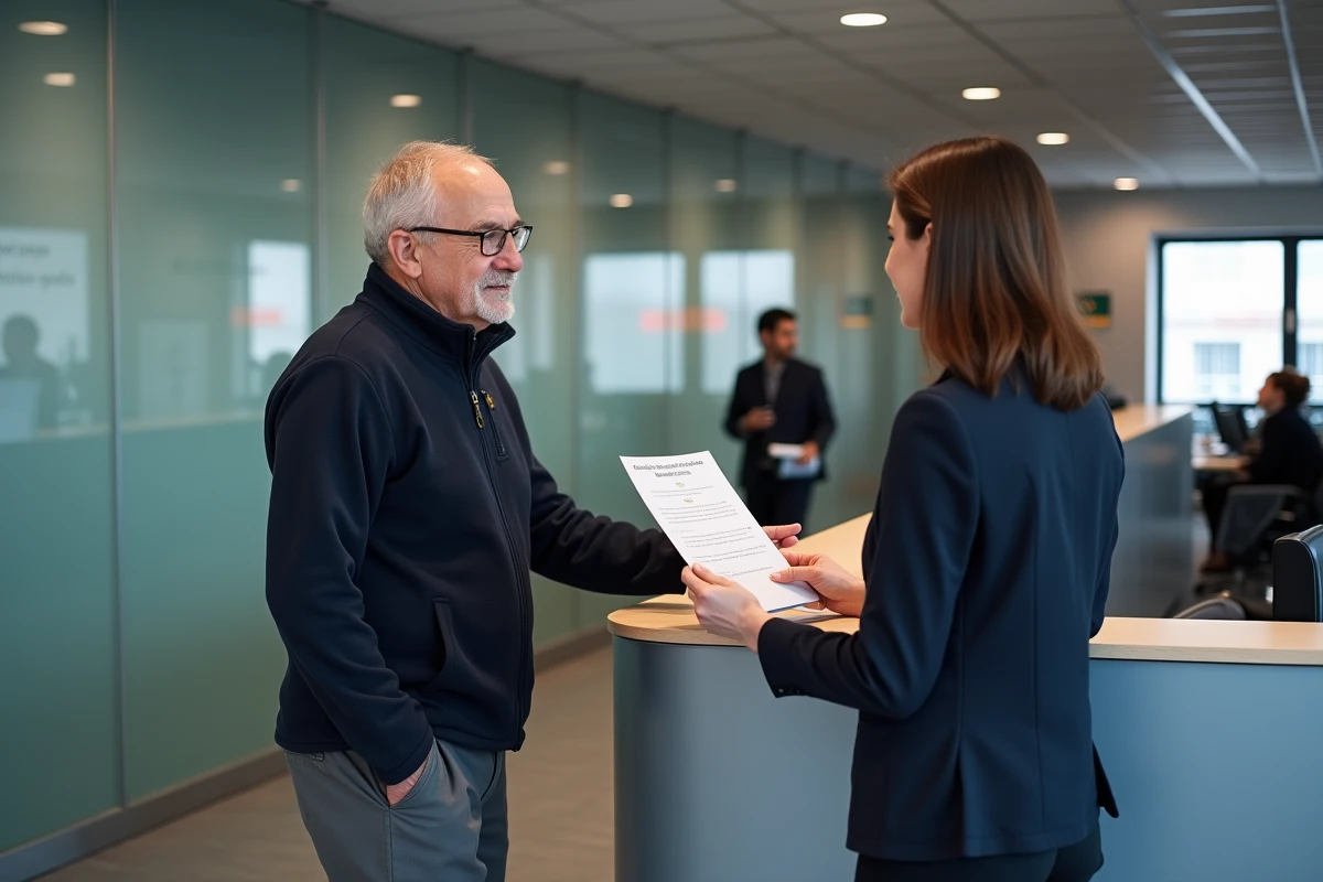 Retraité discutant du calendrier de versement de sa retraite complémentaire avec un conseiller bancaire