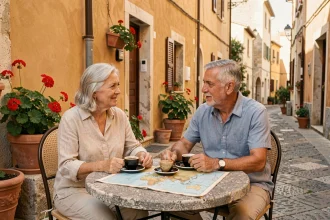 Couple de retraités français profitant d'un café en terrasse dans un village méditerranéen abordable à l'étranger