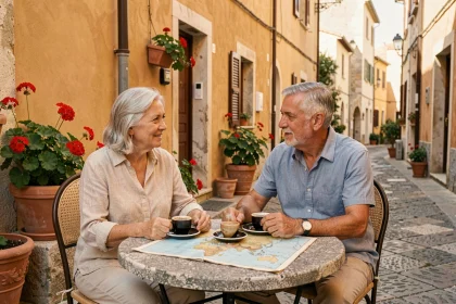 Couple de retraités français profitant d'un café en terrasse dans un village méditerranéen abordable à l'étranger