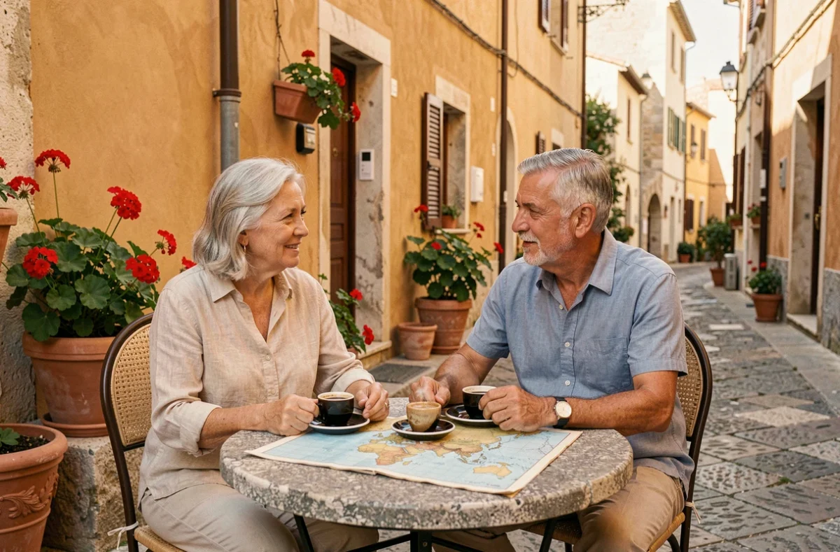 Couple de retraités français profitant d'un café en terrasse dans un village méditerranéen abordable à l'étranger