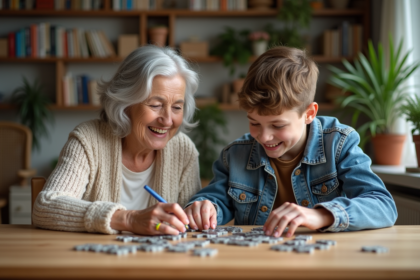 Sage femme et adolescent assemble puzzle dans salon chaleureux
