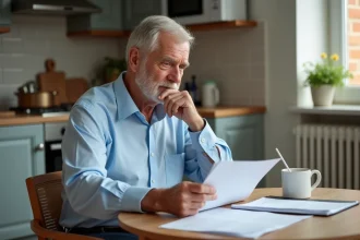 Homme retraité lisant des documents de pension à la maison